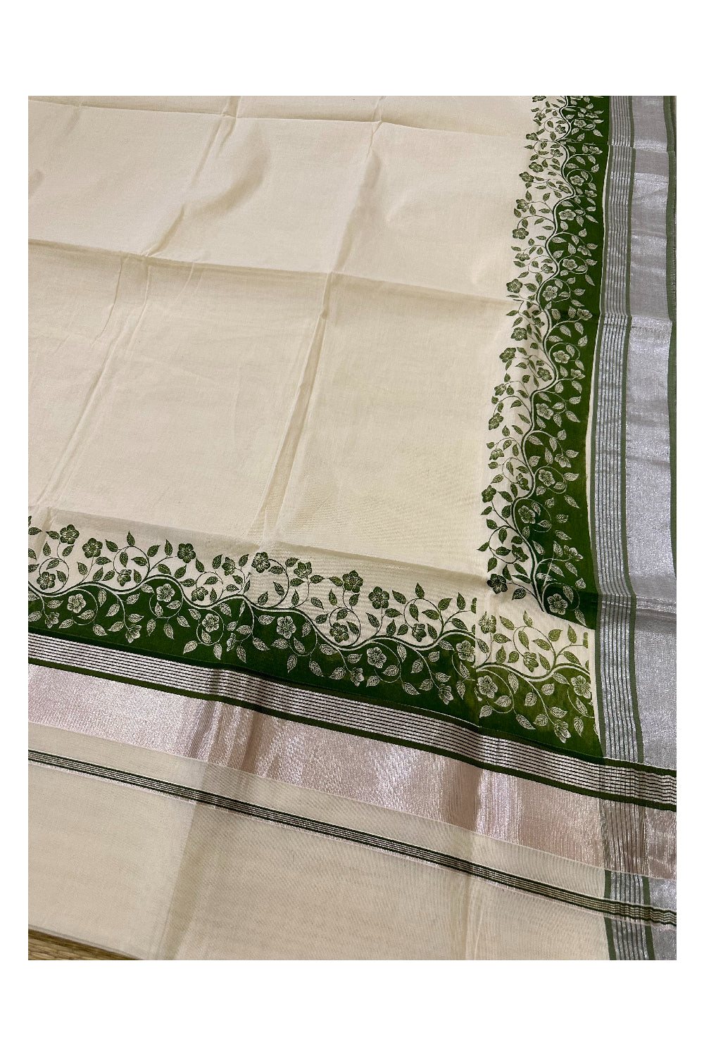 Kerala Cotton Saree with Olive Green Floral Block Prints and Silver Kasavu Border (Onam Saree 2023)