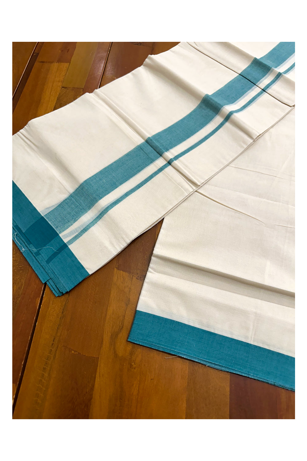 Kerala Pure Cotton Double Mundu with Green Kara (South Indian Kerala Dhoti)