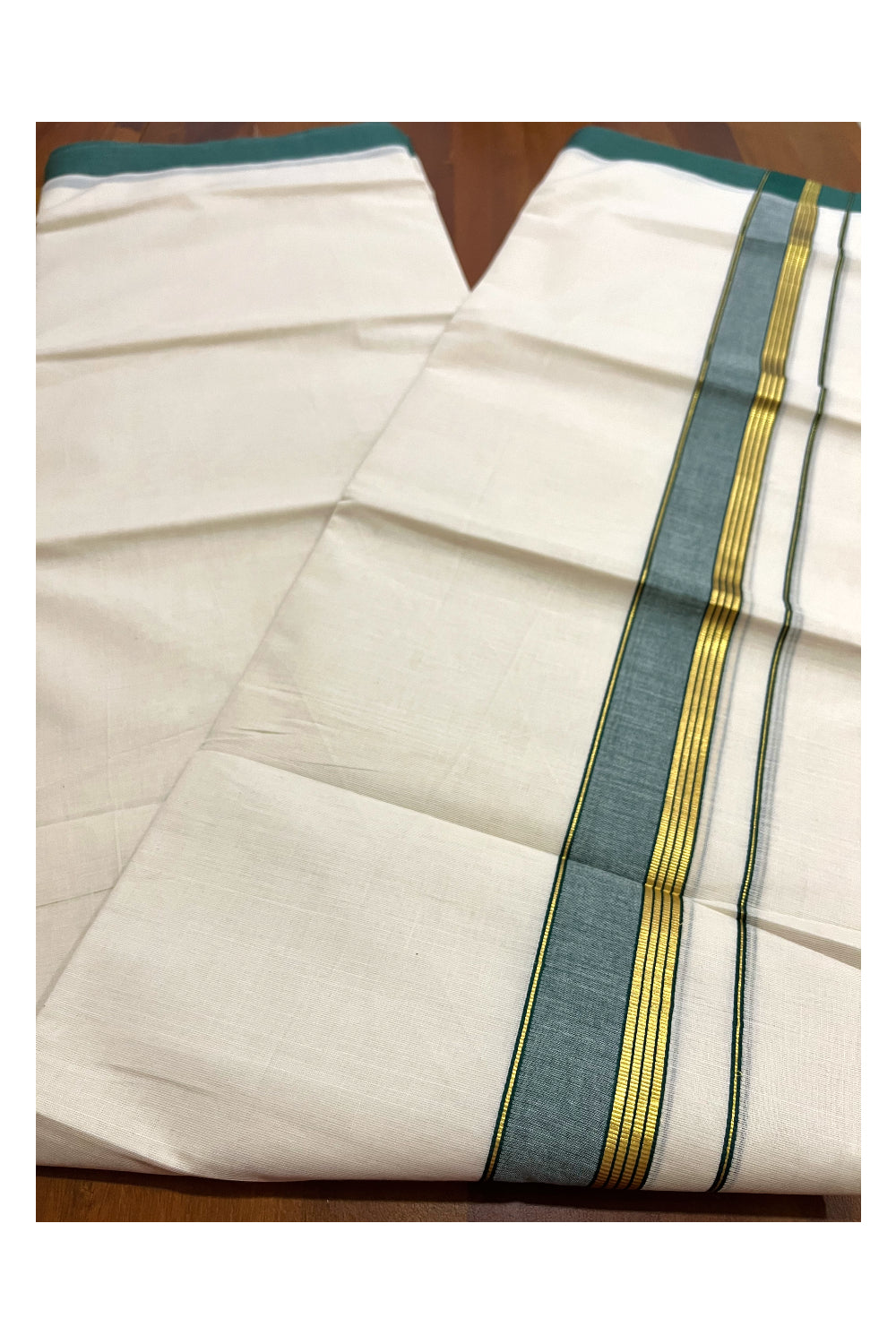 Pure Cotton 100x100 Double Mundu with Green and Kasavu Border (Onam Mundu 2023)