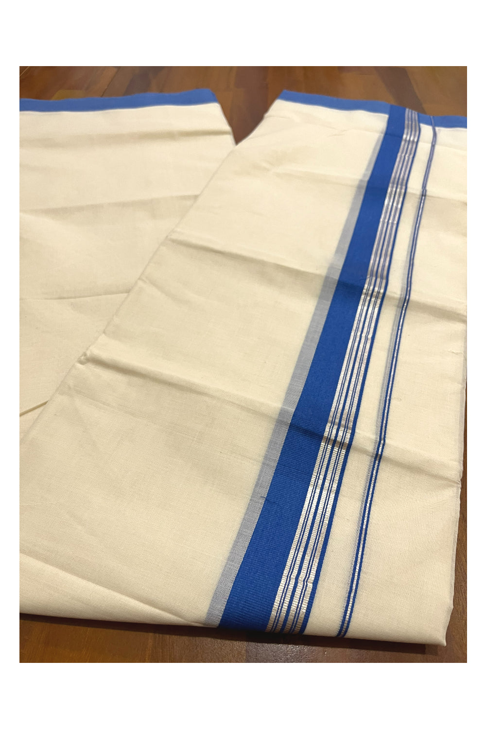 Pure Cotton 100x100 Double Mundu with Silver Kasavu and Blue Border (Onam Mundu 2023)