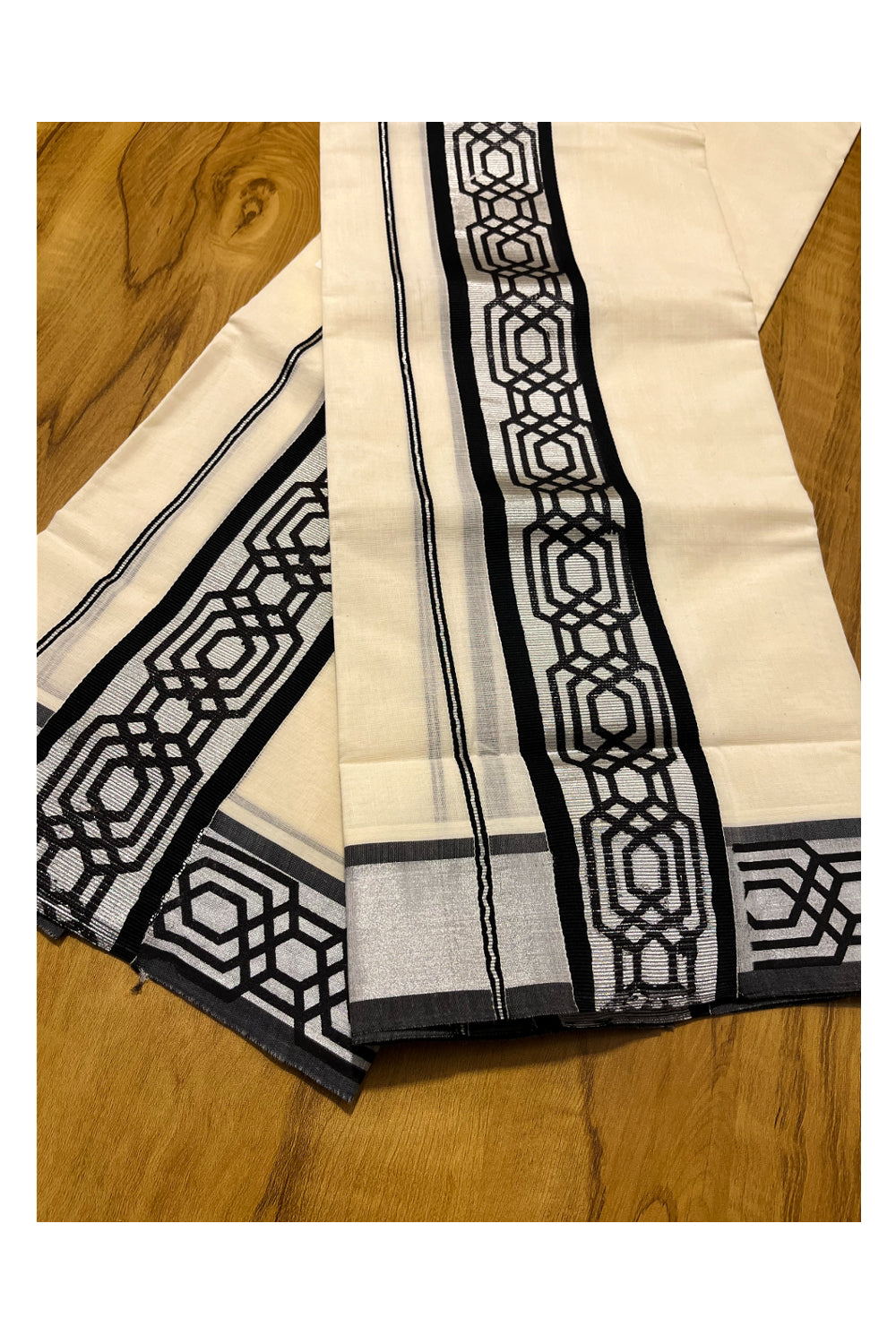 Kerala Pure Cotton Set Mundu Single (Mundum Neriyathum) with Black Block Prints on Silver Kasavu Border