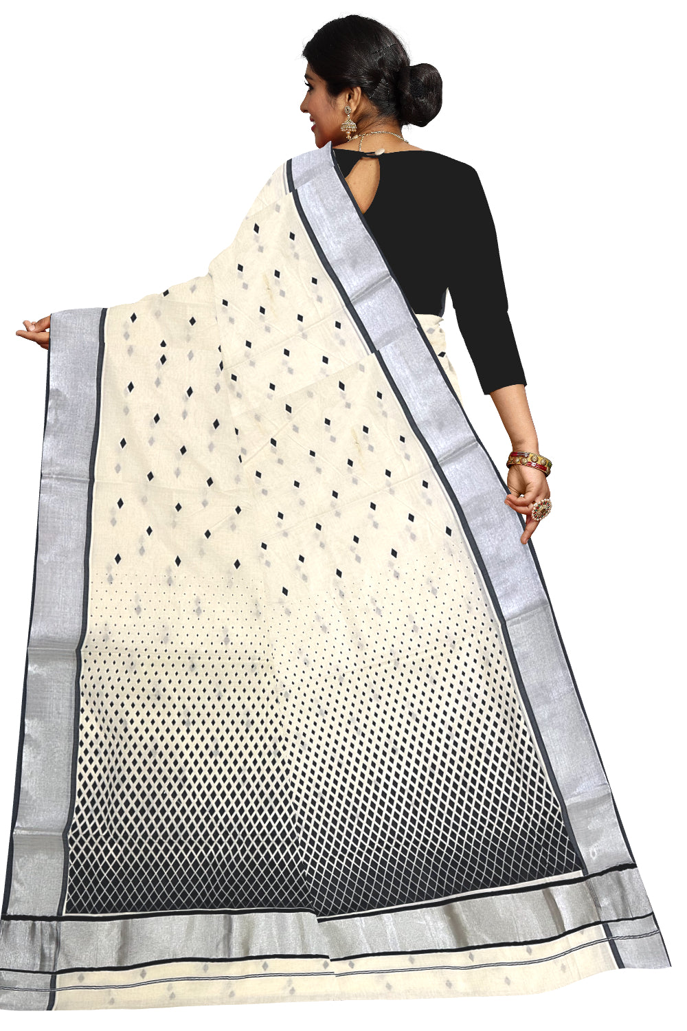 Kerala Cotton Saree with Black Block Prints and Silver Kasavu Border (Onam Saree 2023)