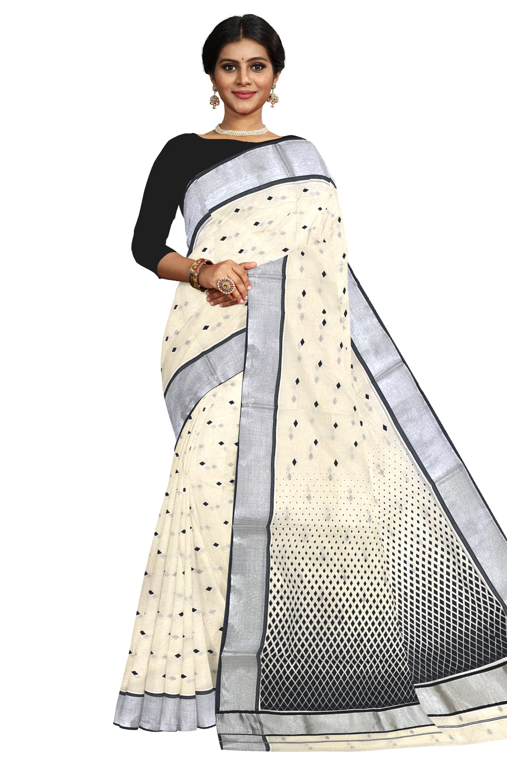 Kerala Cotton Saree with Black Block Prints and Silver Kasavu Border (Onam Saree 2023)