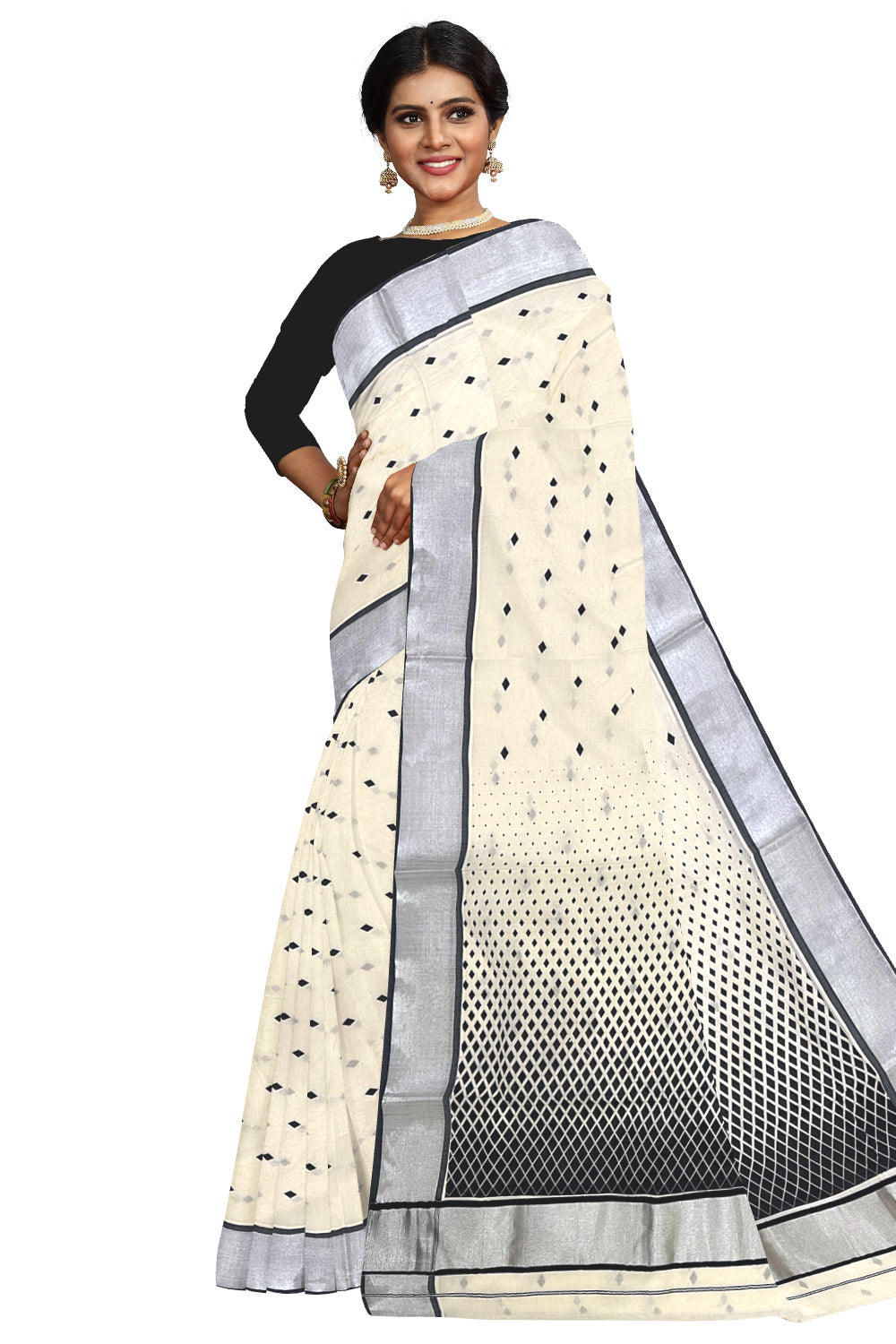 Kerala Cotton Saree with Black Block Prints and Silver Kasavu Border (Onam Saree 2023)