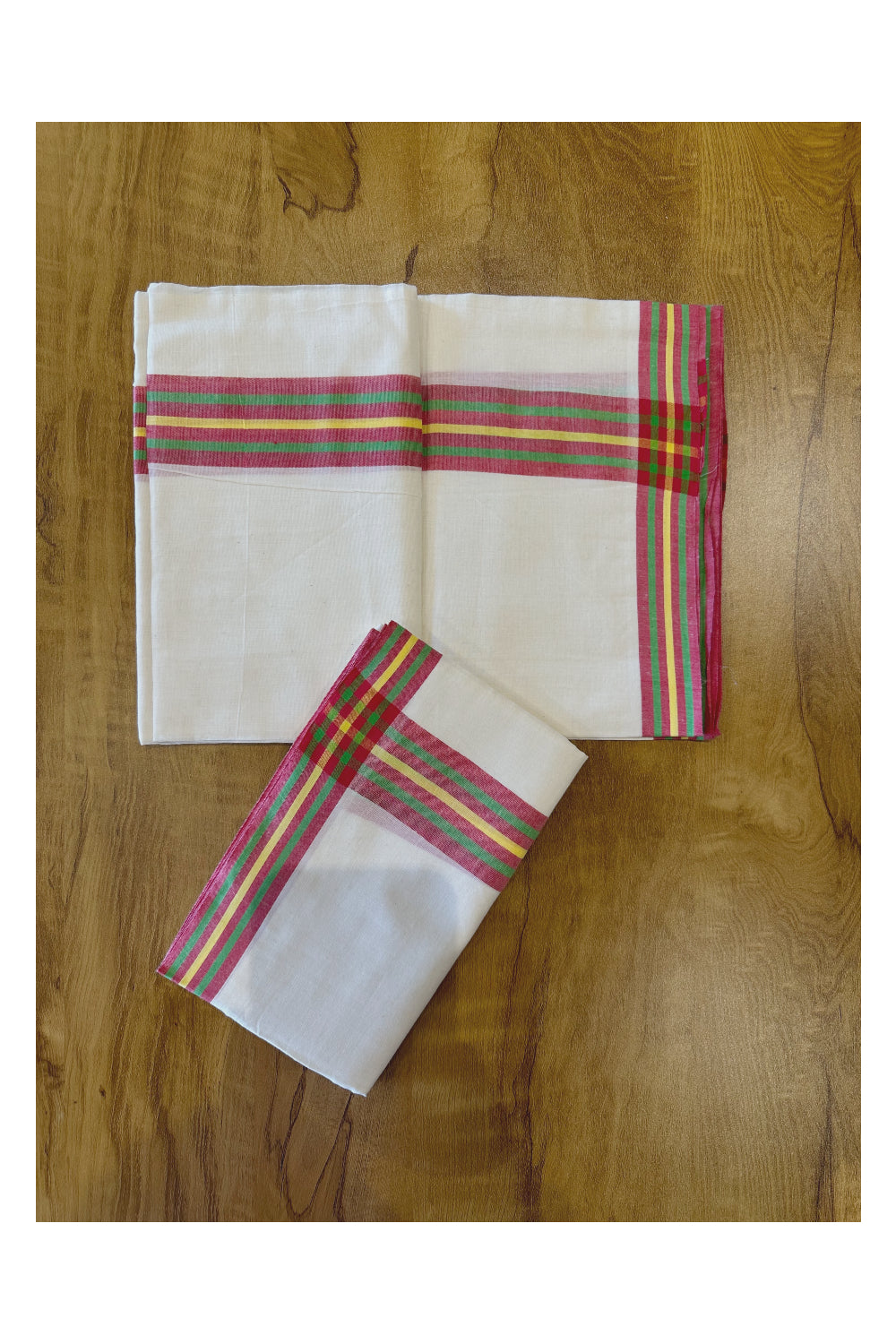 Kerala Soft Cotton Mulloth Mundum Neriyathum Single (Set Mundu) with Red Green and Yellow Border (Onam Set Mundu 2023)