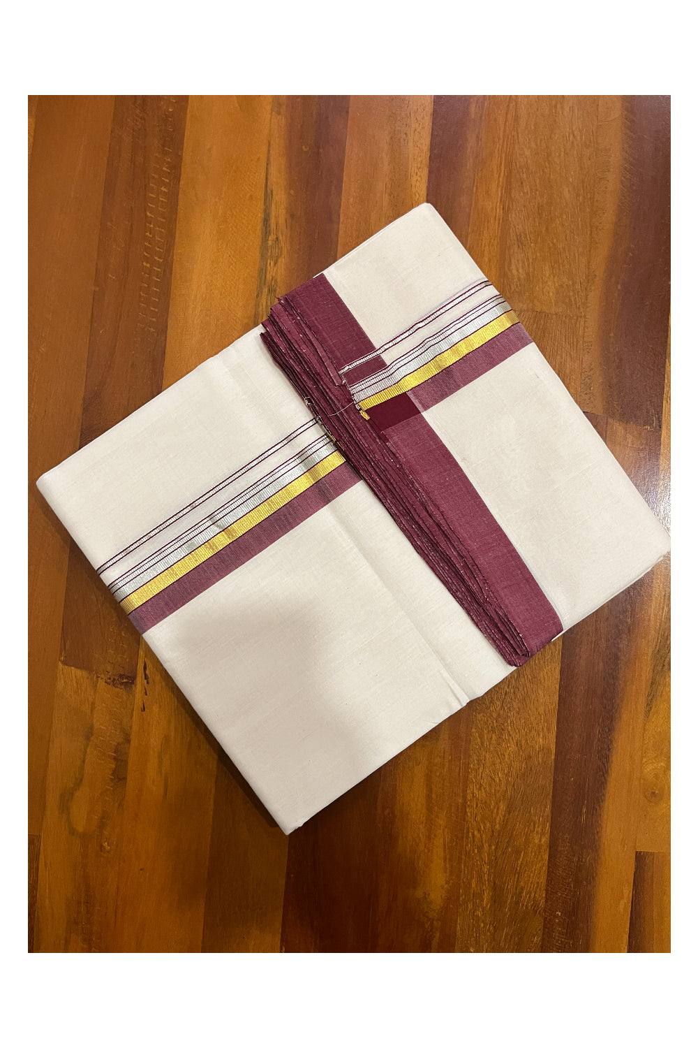 Southloom Premium Balaramapuram Unakkupaavu Handloom Mundu with Maroon Silver and Golden Kasavu Border (South Indian Kerala Dhoti)