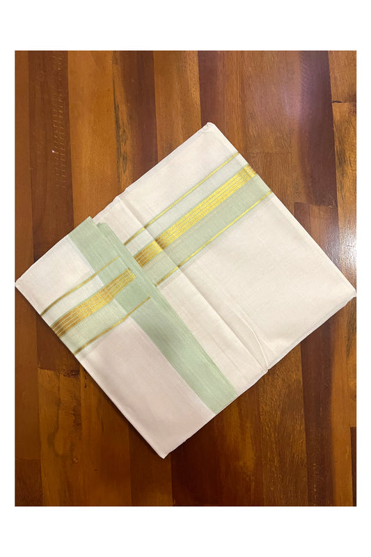 Pure Cotton 100x100 Double Mundu with Light Green and Kasavu Border (Onam Mundu 2023)