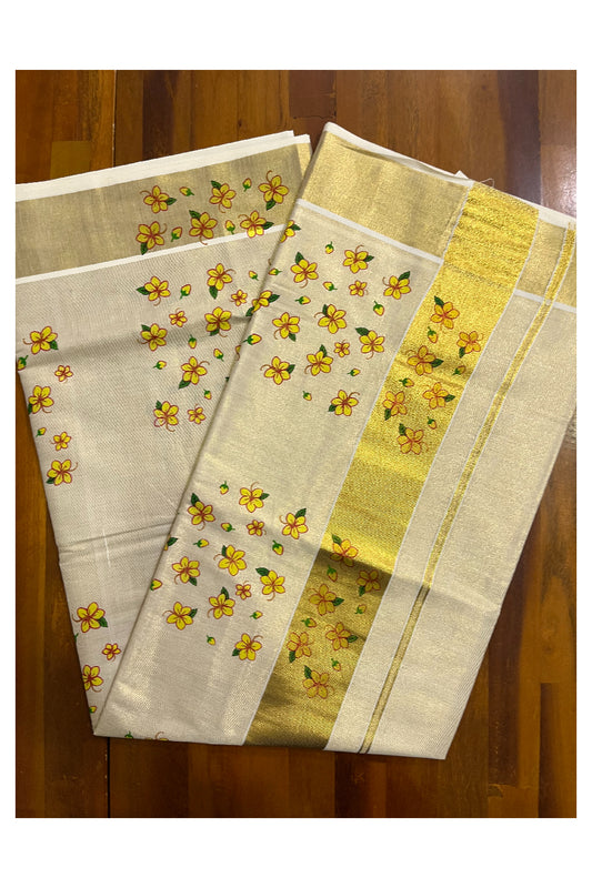 Kerala Tissue Kasavu Saree with Yellow Floral Block Prints in Kasavu Border and Pallu