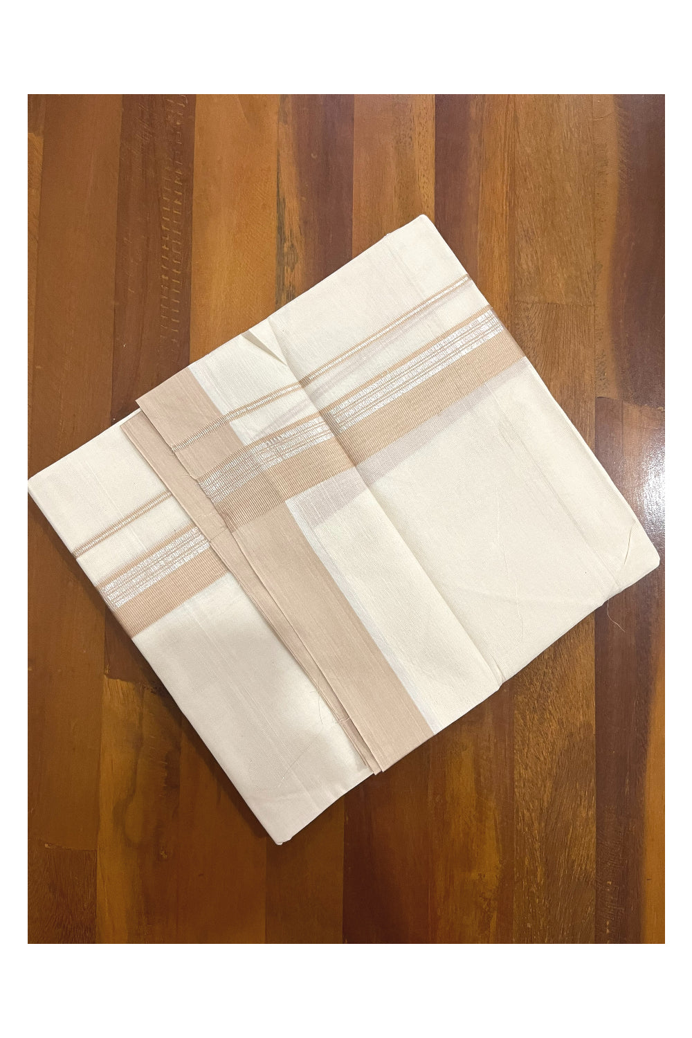 Pure Cotton 100x100 Double Mundu with Silver Kasavu and Light Brown Border (Onam Mundu 2023)