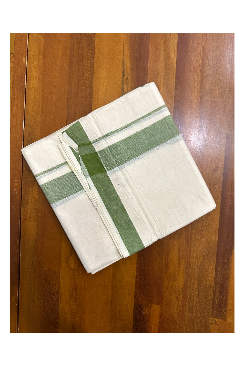 Kerala Pure Cotton Double Mundu with Green Kara (South Indian Kerala Dhoti)