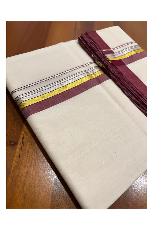 Southloom Premium Balaramapuram Unakkupaavu Handloom Mundu with Maroon Silver and Golden Kasavu Border (South Indian Kerala Dhoti)