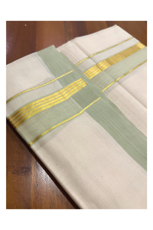 Pure Cotton 100x100 Double Mundu with Light Green and Kasavu Border (Onam Mundu 2023)