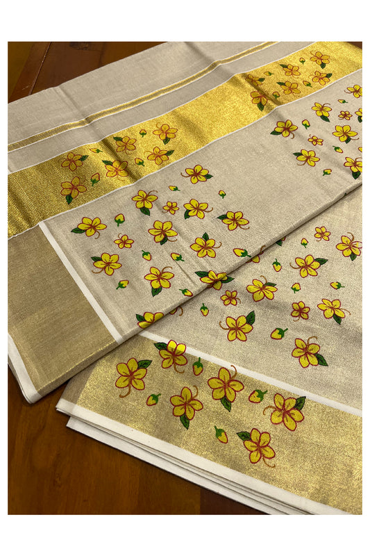 Kerala Tissue Kasavu Saree with Yellow Floral Block Prints in Kasavu Border and Pallu