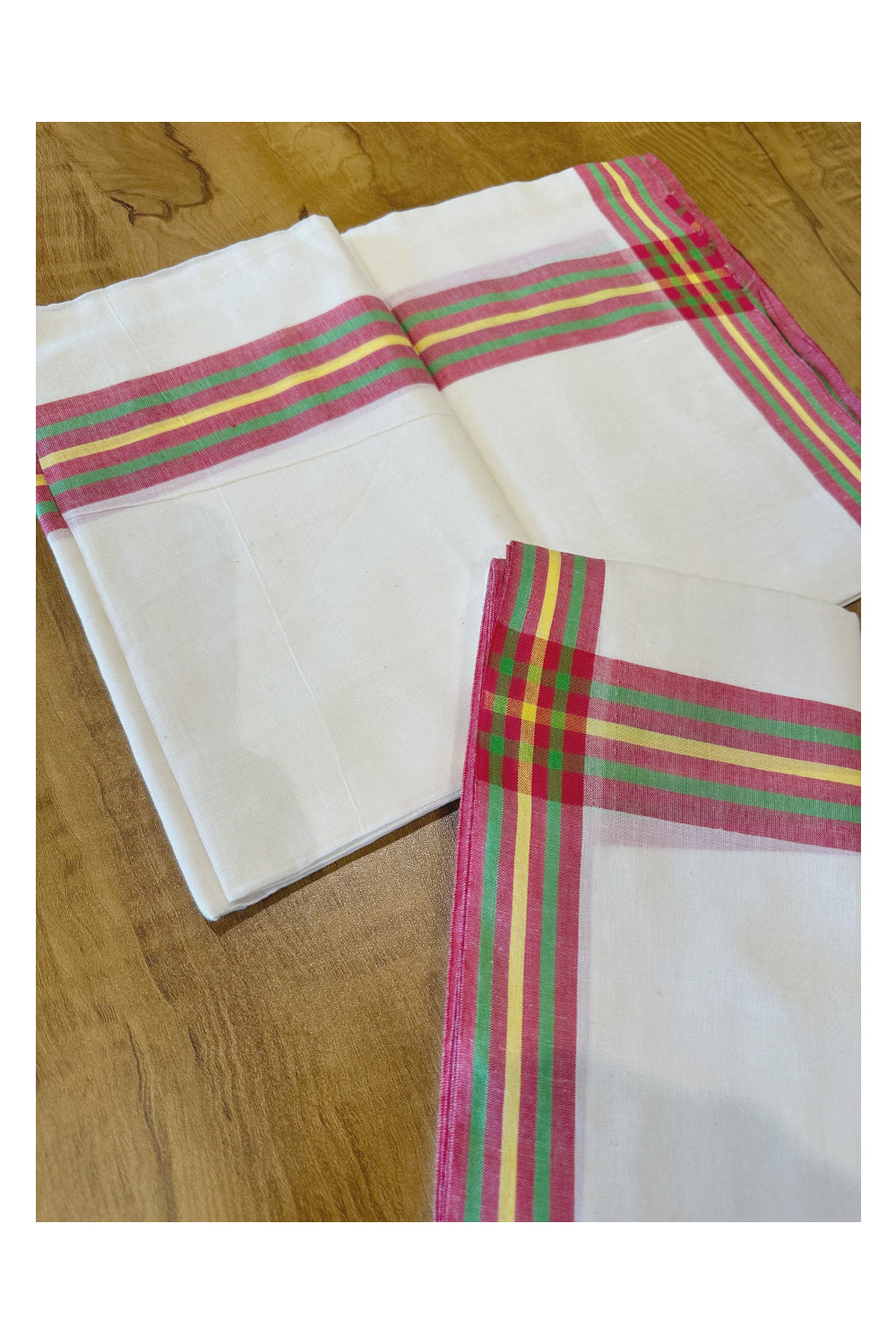 Kerala Soft Cotton Mulloth Mundum Neriyathum Single (Set Mundu) with Red Green and Yellow Border (Onam Set Mundu 2023)