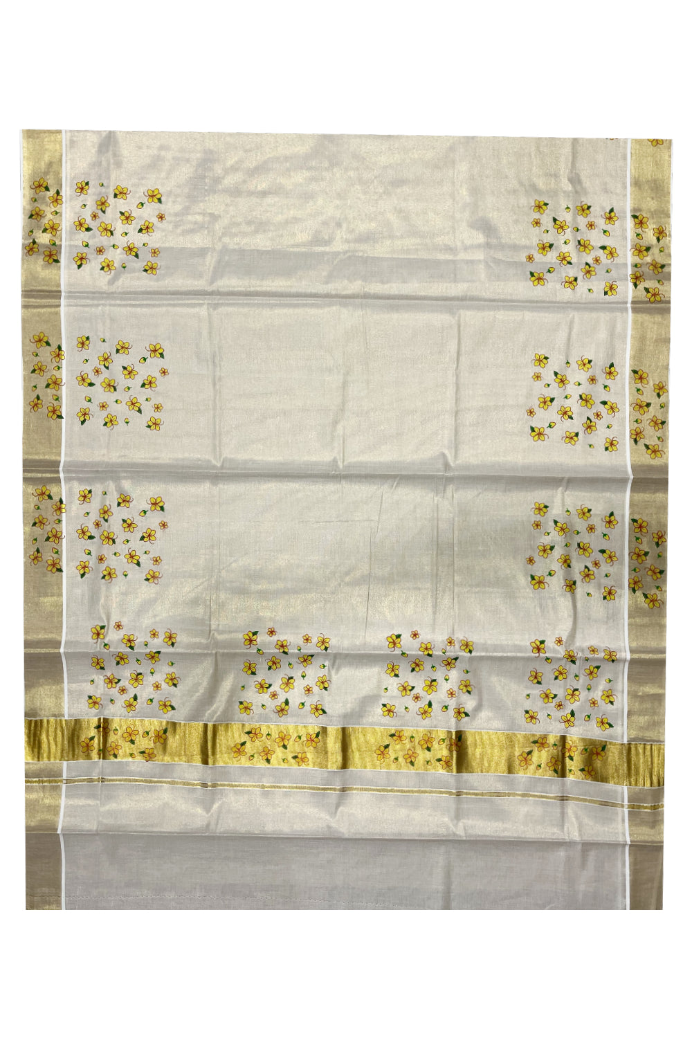 Kerala Tissue Kasavu Saree with Yellow Floral Block Prints in Kasavu Border and Pallu