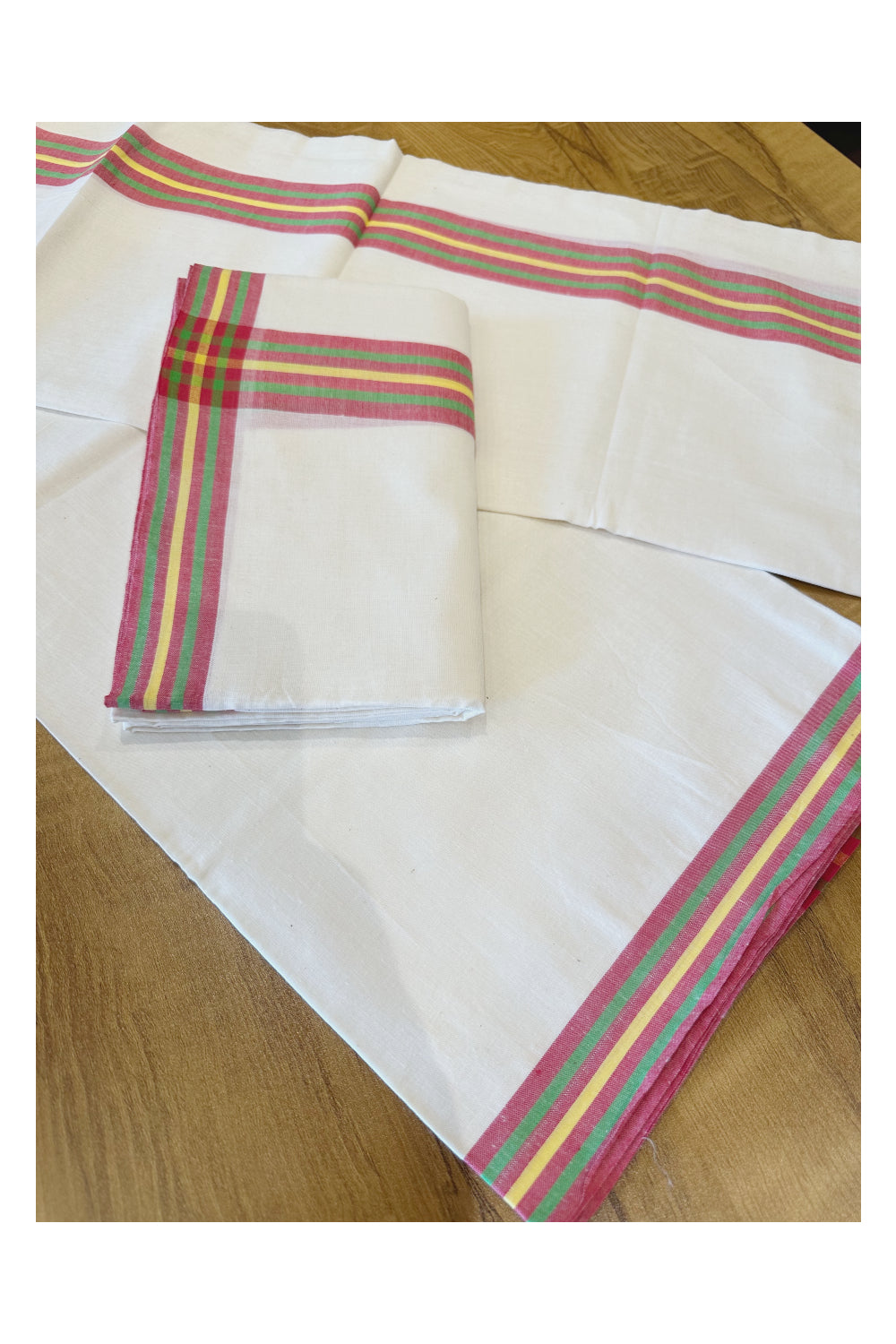 Kerala Soft Cotton Mulloth Mundum Neriyathum Single (Set Mundu) with Red Green and Yellow Border (Onam Set Mundu 2023)