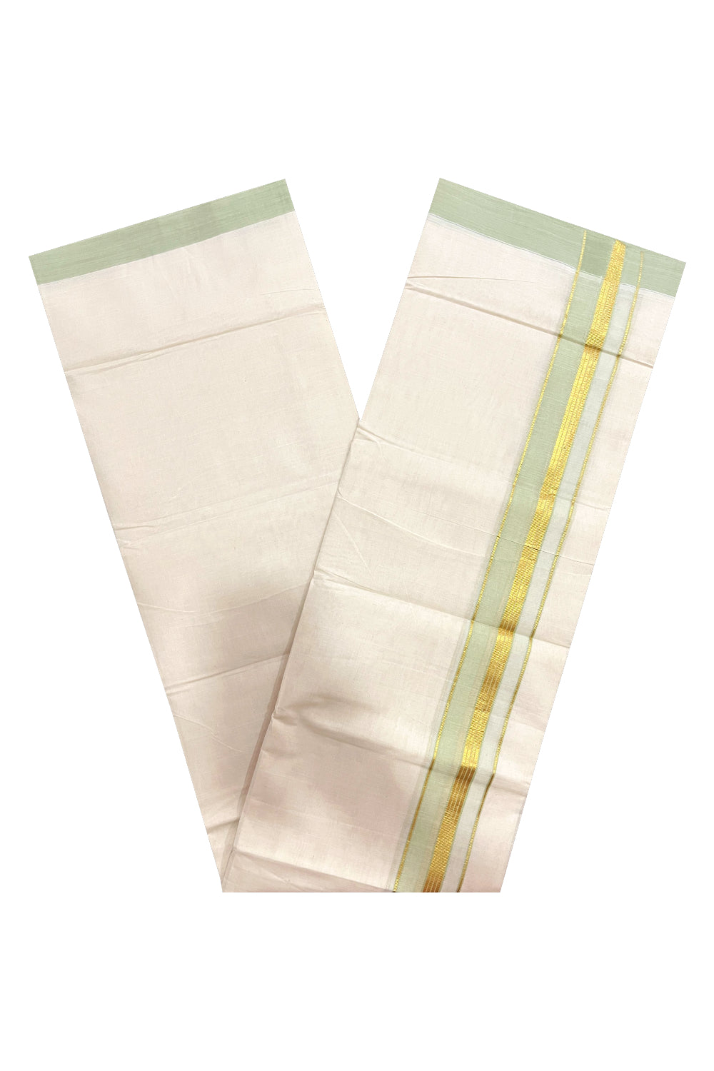 Pure Cotton 100x100 Double Mundu with Light Green and Kasavu Border (Onam Mundu 2023)