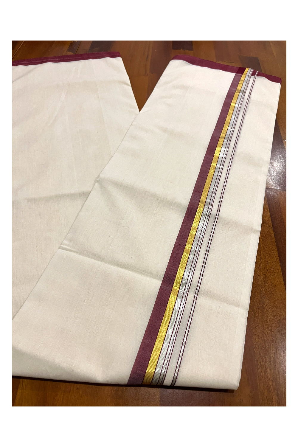 Southloom Premium Balaramapuram Unakkupaavu Handloom Mundu with Maroon Silver and Golden Kasavu Border (South Indian Kerala Dhoti)