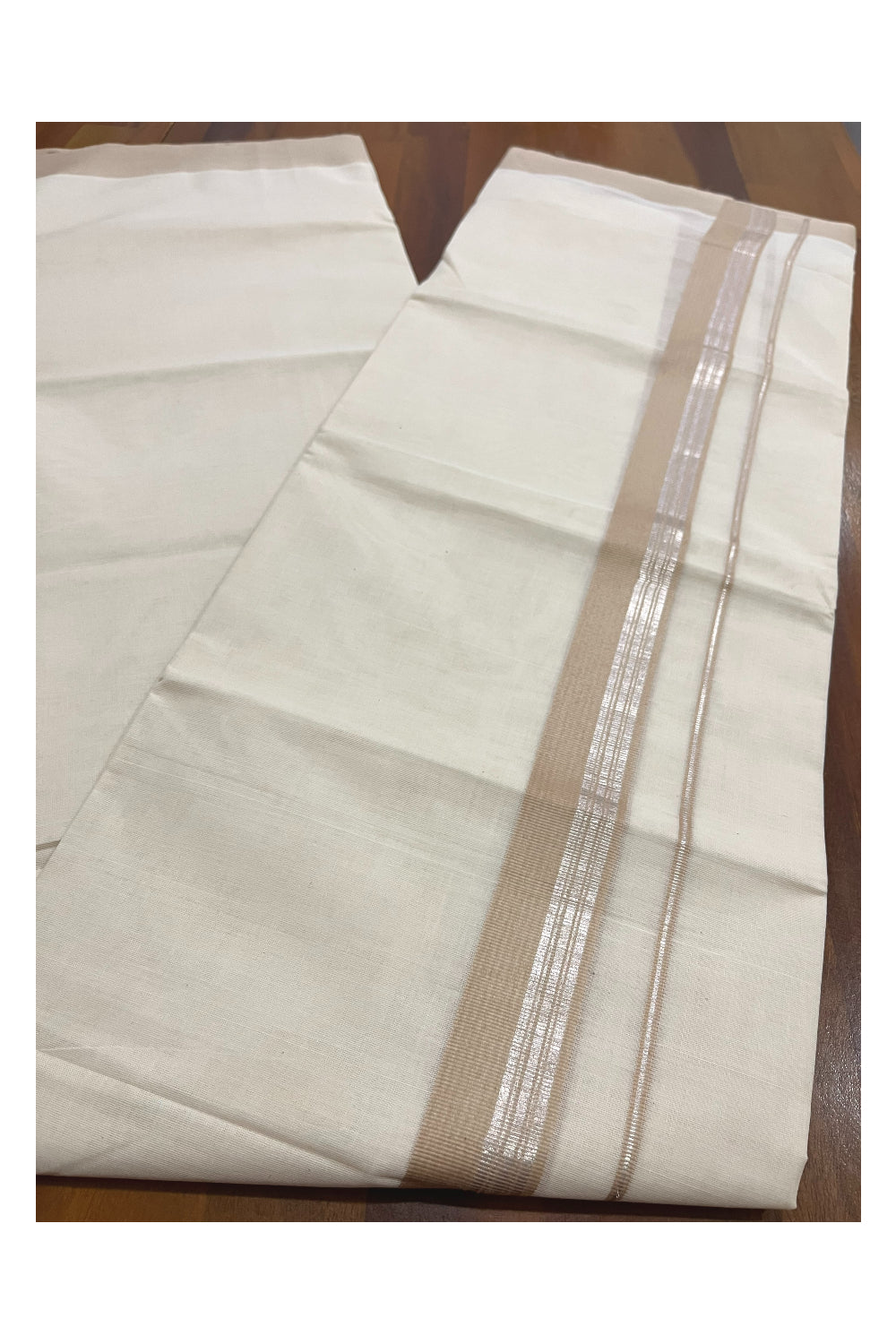 Pure Cotton 100x100 Double Mundu with Silver Kasavu and Light Brown Border (Onam Mundu 2023)