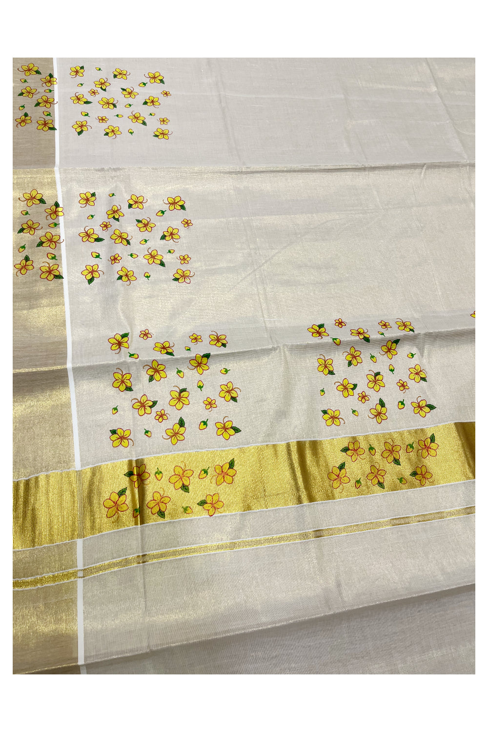 Kerala Tissue Kasavu Saree with Yellow Floral Block Prints in Kasavu Border and Pallu