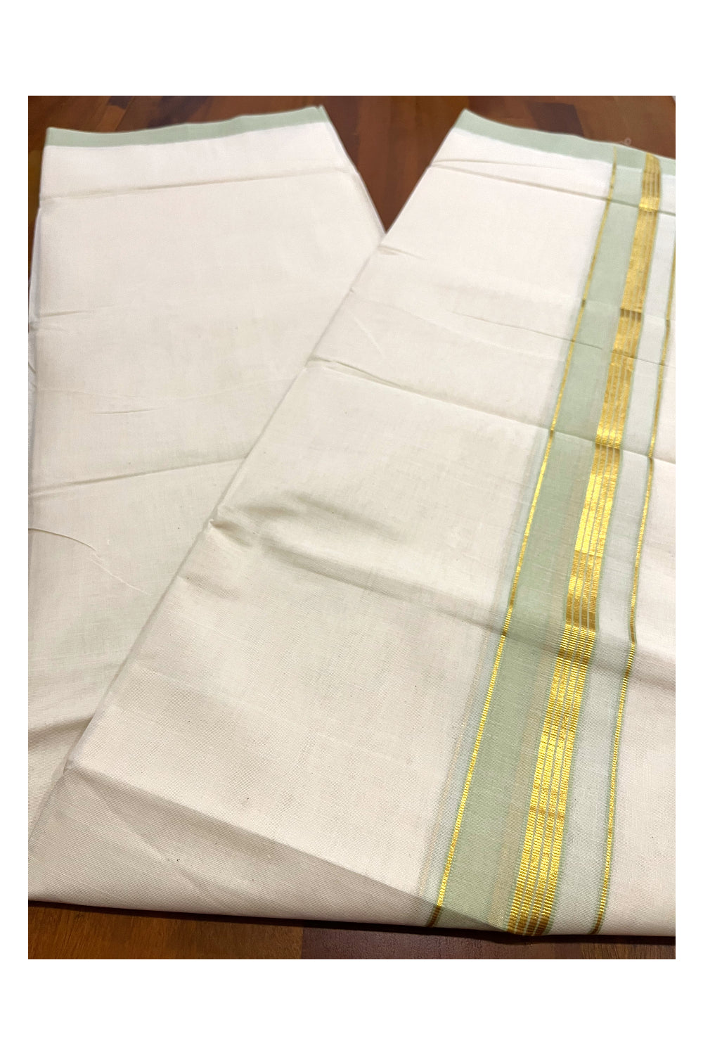 Pure Cotton 100x100 Double Mundu with Light Green and Kasavu Border (Onam Mundu 2023)