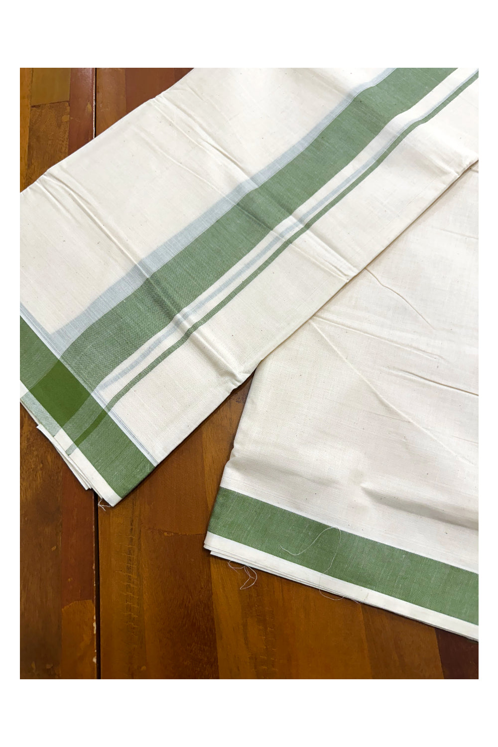 Kerala Pure Cotton Double Mundu with Green Kara (South Indian Kerala Dhoti)