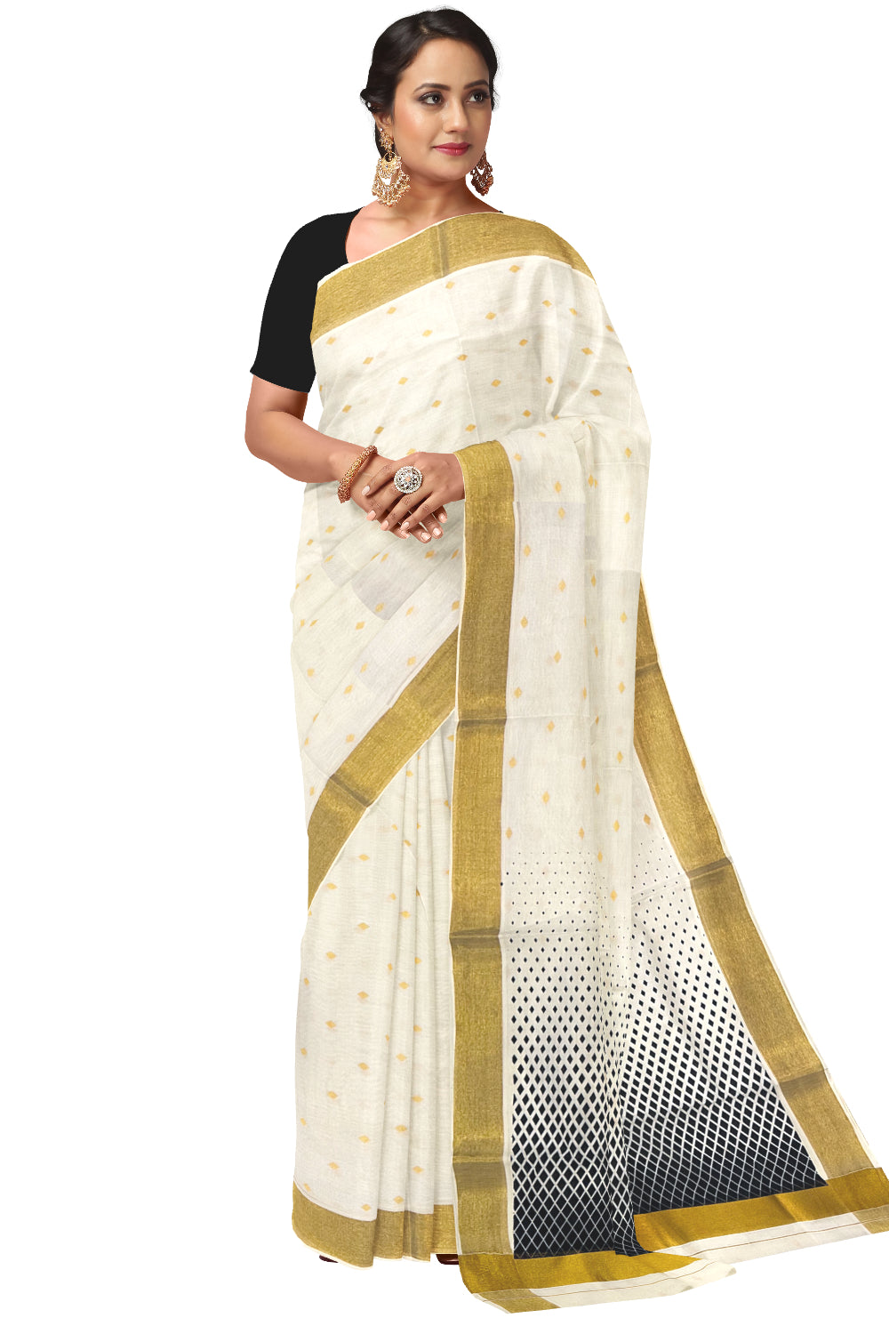 Kerala Cotton Saree with Black Block Prints and Kasavu Border (Onam Saree 2023)