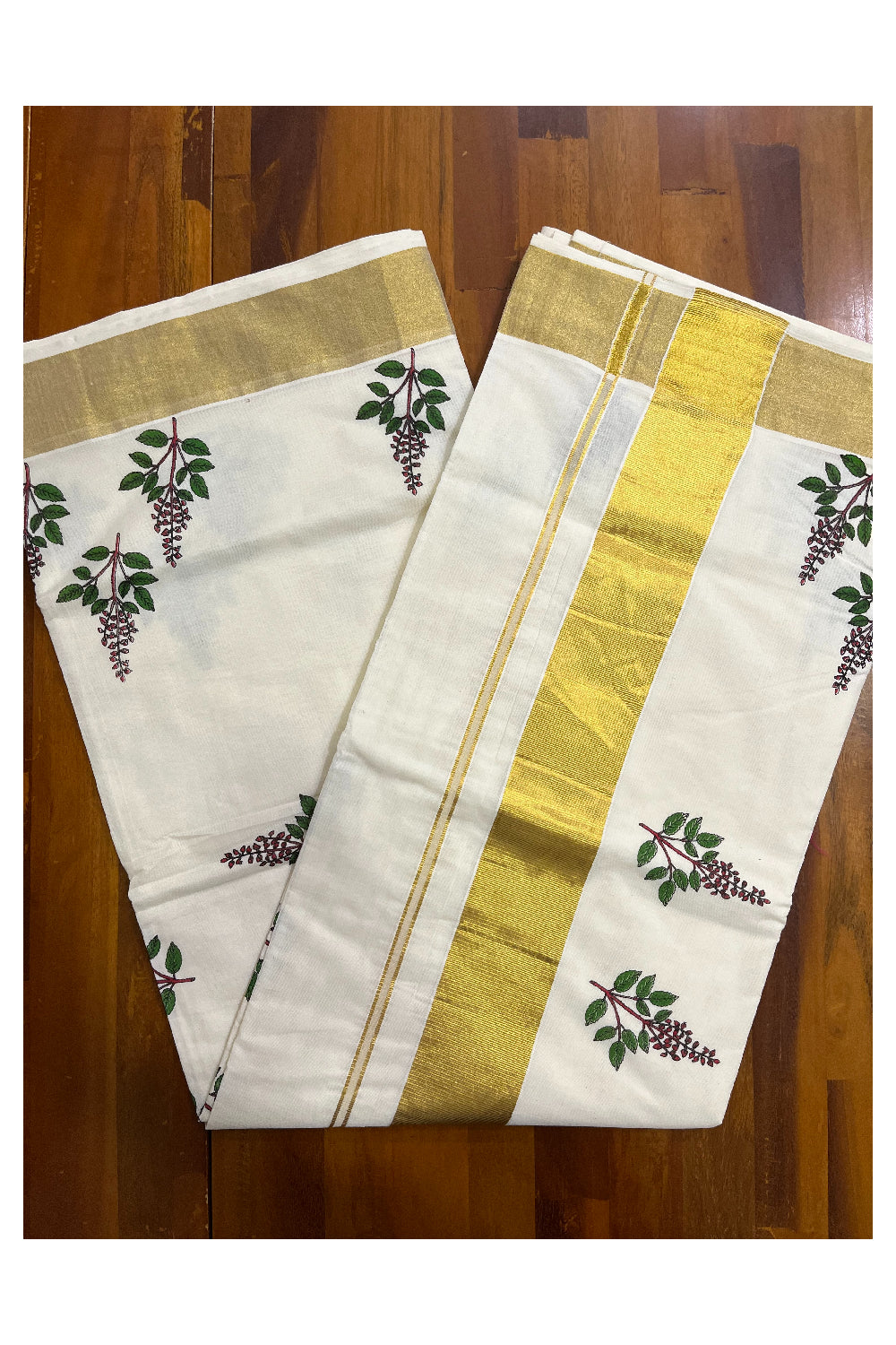 Pure Cotton Kerala Kasavu Saree with Thulasi Kathir Mural Prints with Kasavu Border