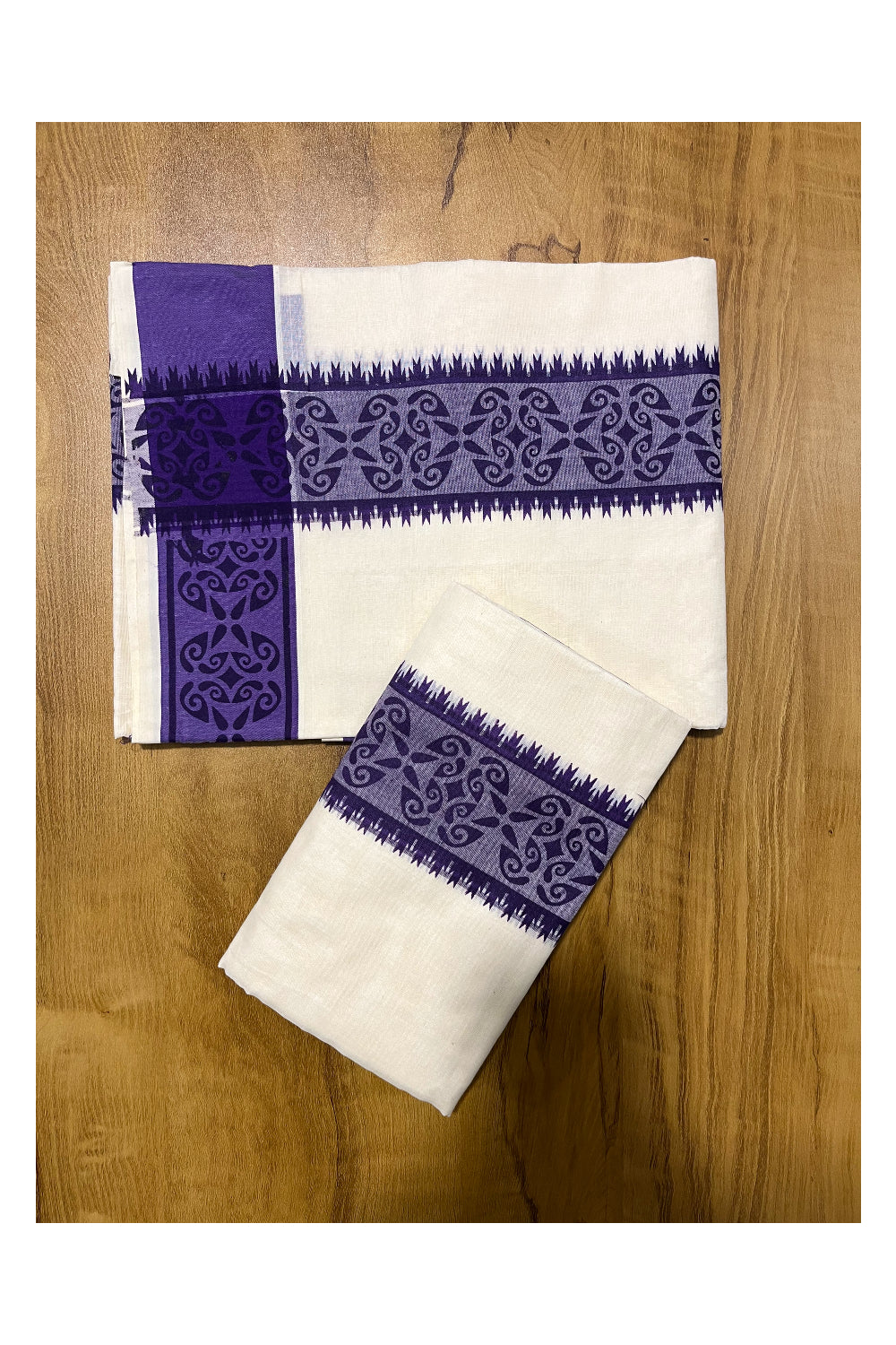 Kerala Cotton Single Set Mundu (Mundum Neriyathum) with Violet Block printed Border 2.80 mtr