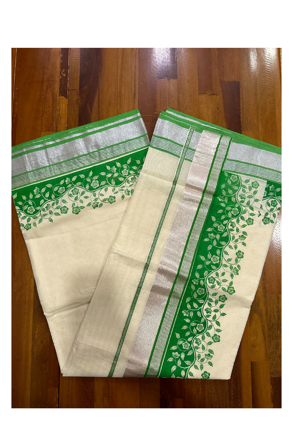 Kerala Cotton Saree with Light Green Floral Block Prints and Silver Kasavu Border