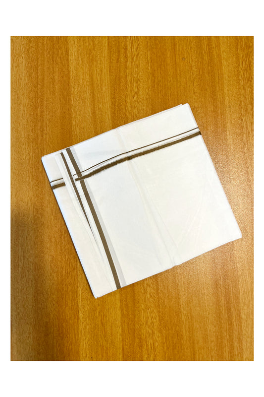Pure White Cotton Double Mundu with Silver Olive Green Kara (South Indian Dhoti)