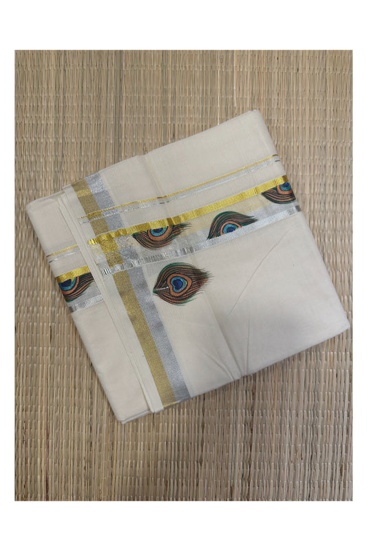 Off White Pure Cotton Double Mundu with Mural Hand Painted Design on Silver and Golden Kasavu Kara (South Indian Dhoti)