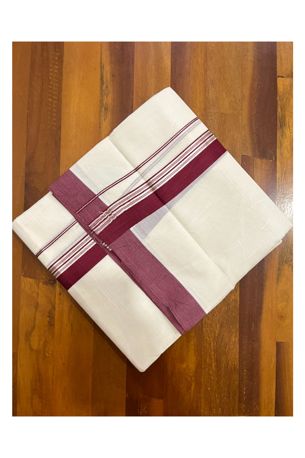 Pure Cotton 100x100 Double Mundu with Silver Kasavu and Maroon Border (Onam Mundu 2023)