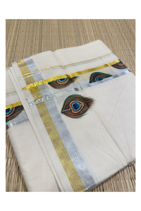 Off White Pure Cotton Double Mundu with Mural Hand Painted Design on Silver and Golden Kasavu Kara (South Indian Dhoti)