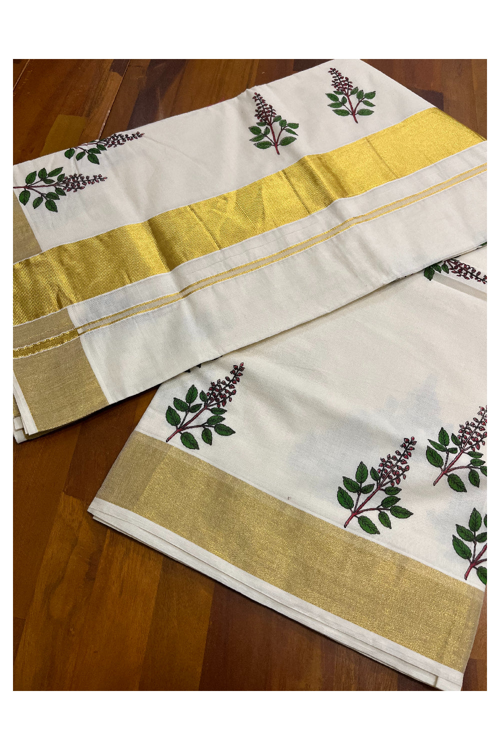 Pure Cotton Kerala Kasavu Saree with Thulasi Kathir Mural Prints with Kasavu Border