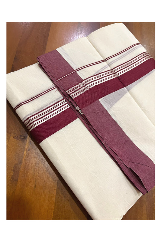 Pure Cotton 100x100 Double Mundu with Silver Kasavu and Maroon Border (Onam Mundu 2023)