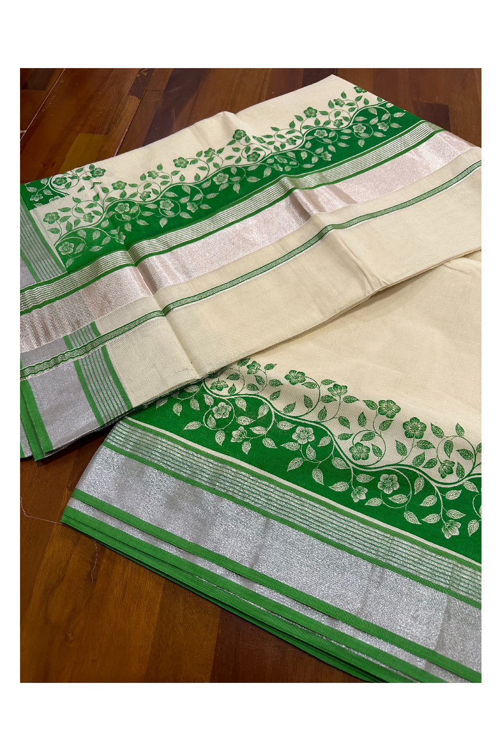 Kerala Cotton Saree with Light Green Floral Block Prints and Silver Kasavu Border