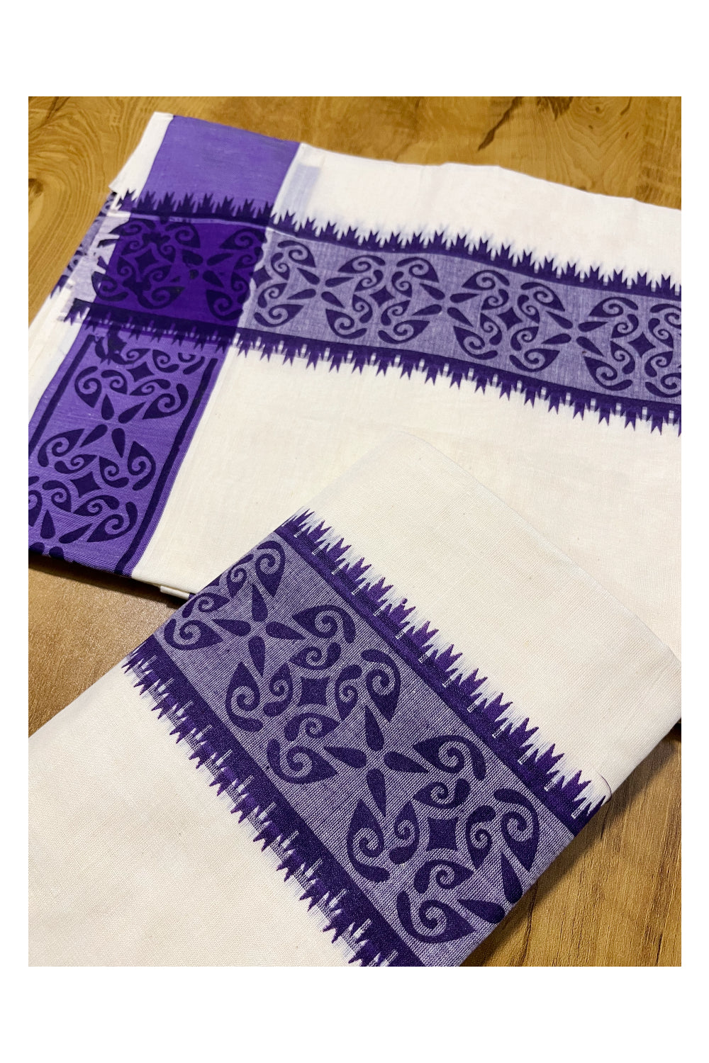 Kerala Cotton Single Set Mundu (Mundum Neriyathum) with Violet Block printed Border 2.80 mtr