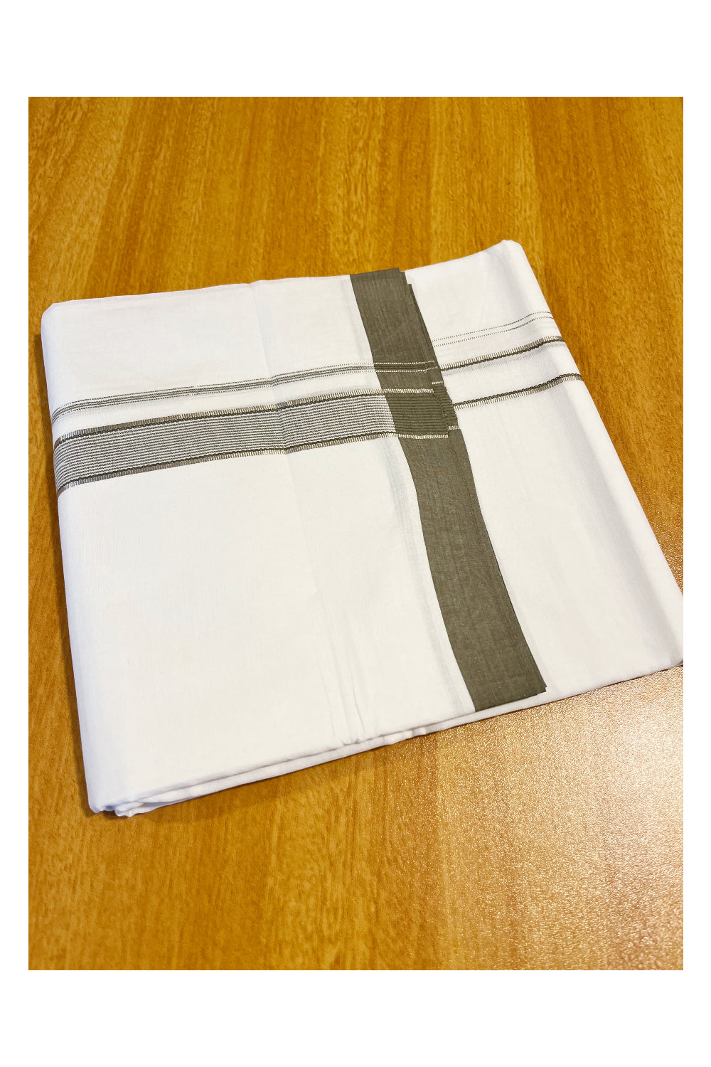 Pure White Cotton Double Mundu with Grey Border (South Indian Dhoti)