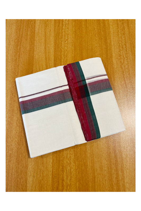 Southloom Premium Handloom Cotton Double Mundu with Green And Maroon Border