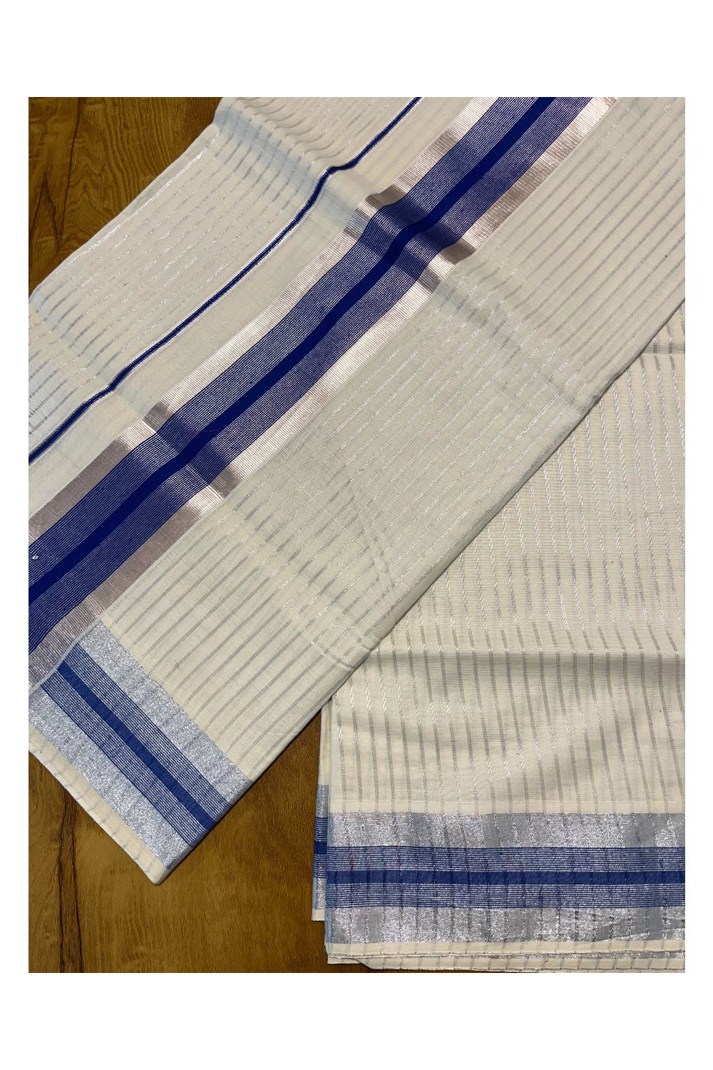 Pure Cotton Kerala Silver Kasavu Lines Saree with 3 inch Navy Blue and Silver Border