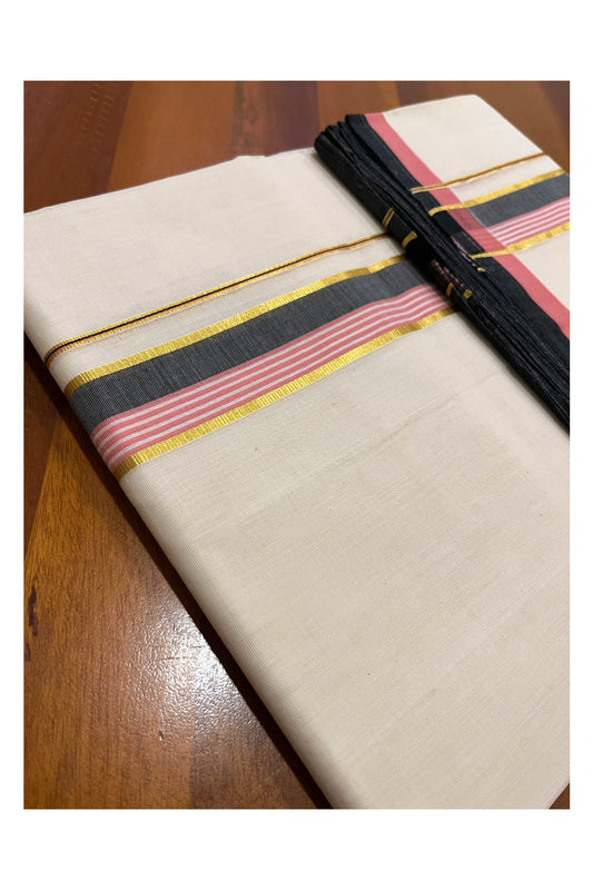 Southloom Premium Balaramapuram Unakkupaavu Handloom Mundu with Pink Black and Kasavu Border (South Indian Kerala Dhoti)