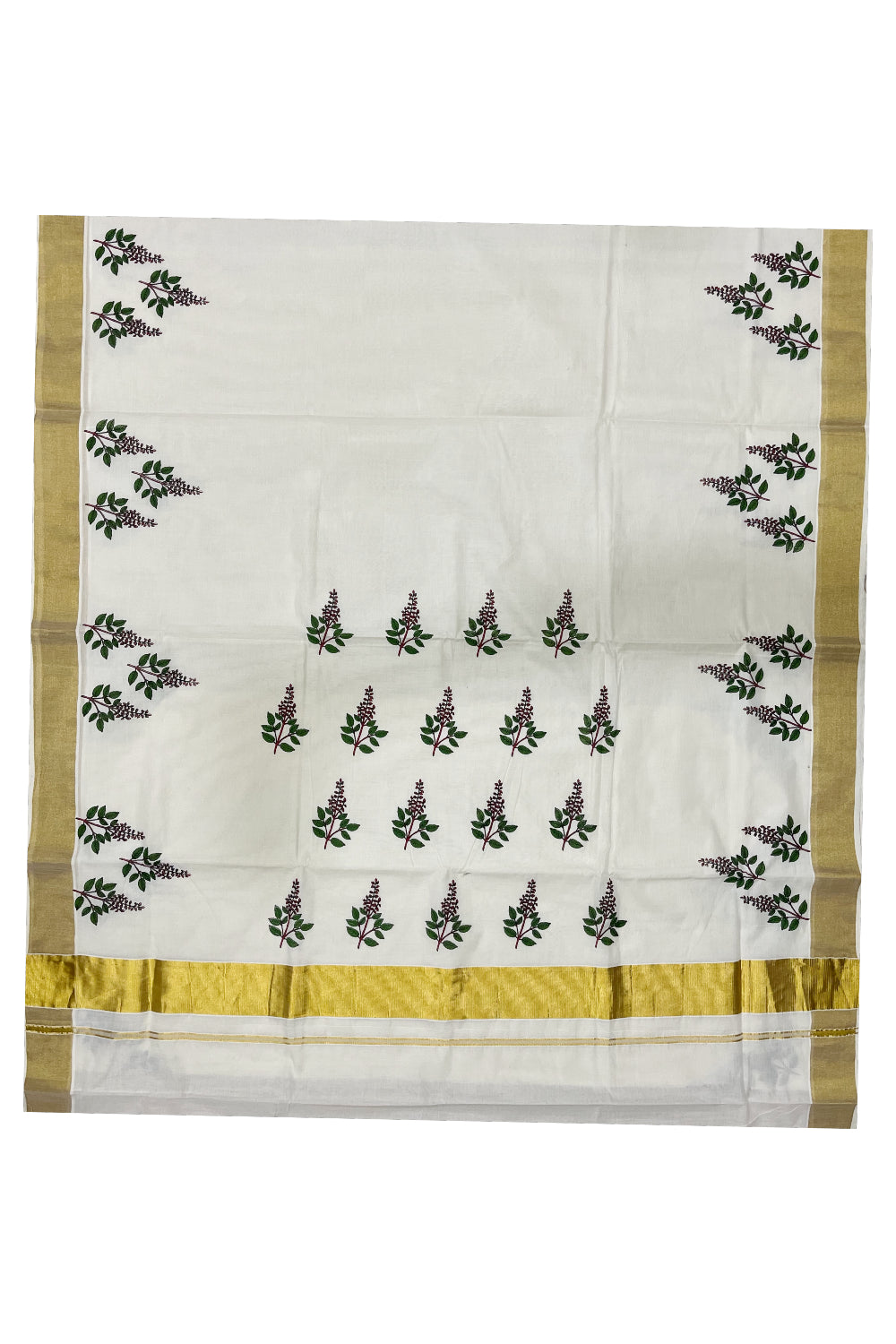 Pure Cotton Kerala Kasavu Saree with Thulasi Kathir Mural Prints with Kasavu Border