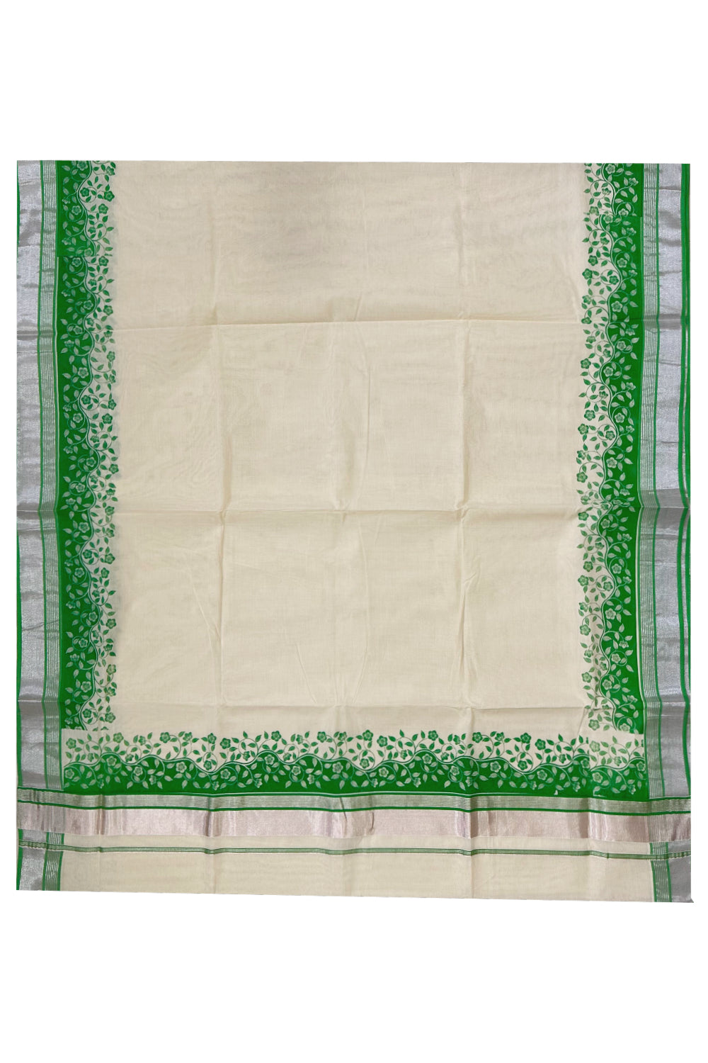 Kerala Cotton Saree with Light Green Floral Block Prints and Silver Kasavu Border