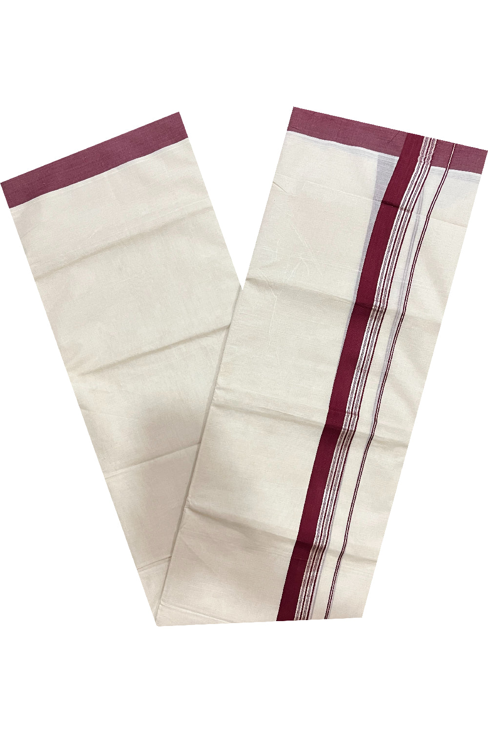 Pure Cotton 100x100 Double Mundu with Silver Kasavu and Maroon Border (Onam Mundu 2023)