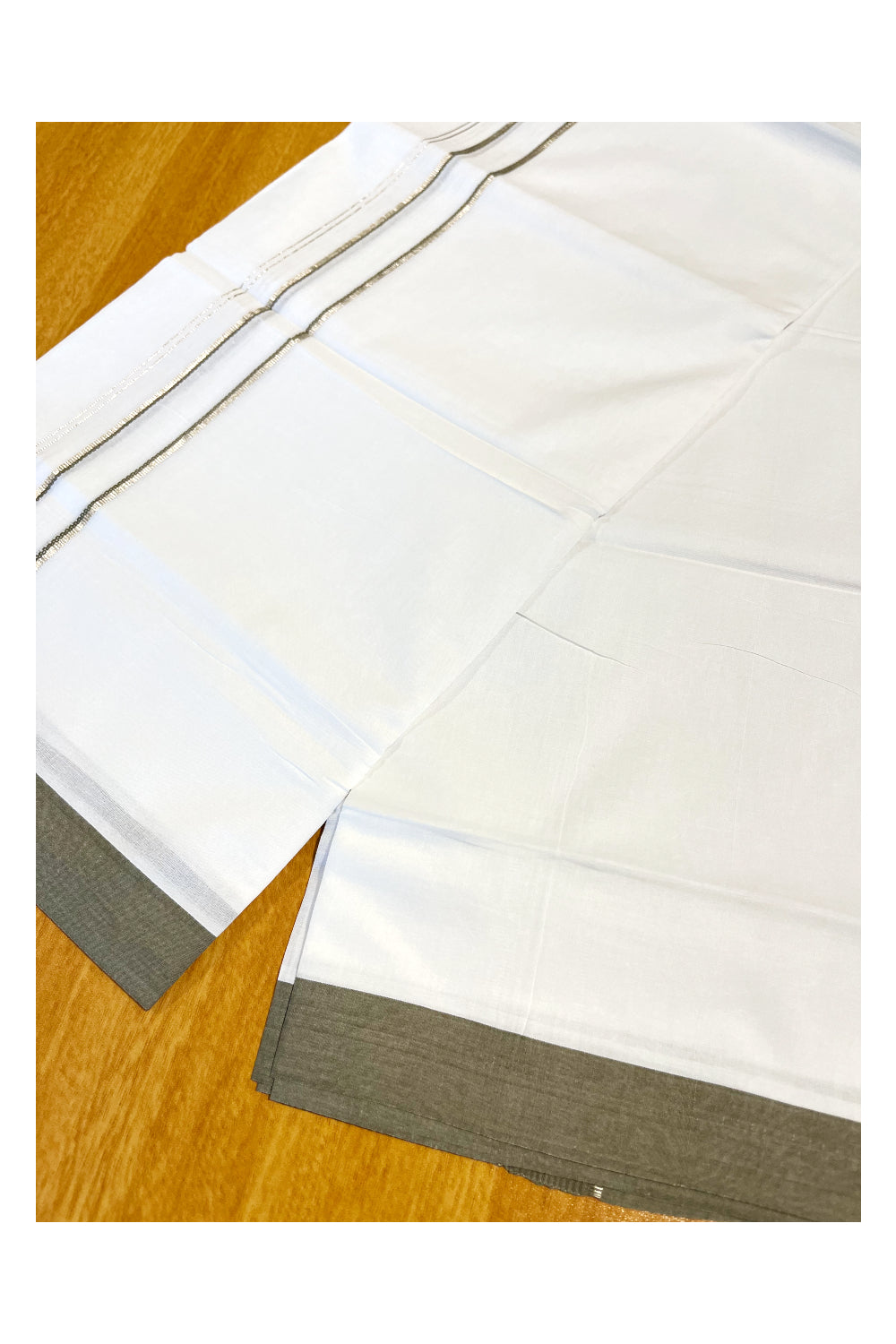 Pure White Cotton Double Mundu with Grey Border (South Indian Dhoti)