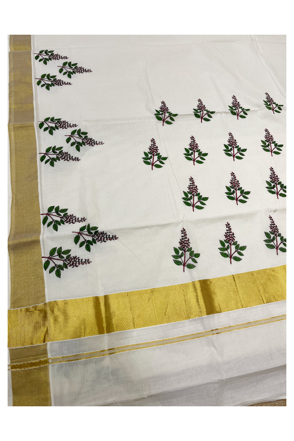 Pure Cotton Kerala Kasavu Saree with Thulasi Kathir Mural Prints with Kasavu Border