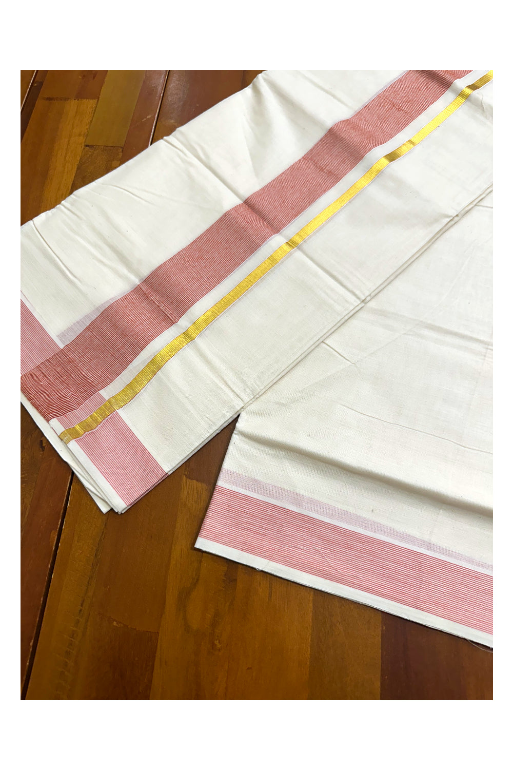 Pure Cotton Mundu with Red Lines and Kasavu Border (South Indian Kerala Dhoti)