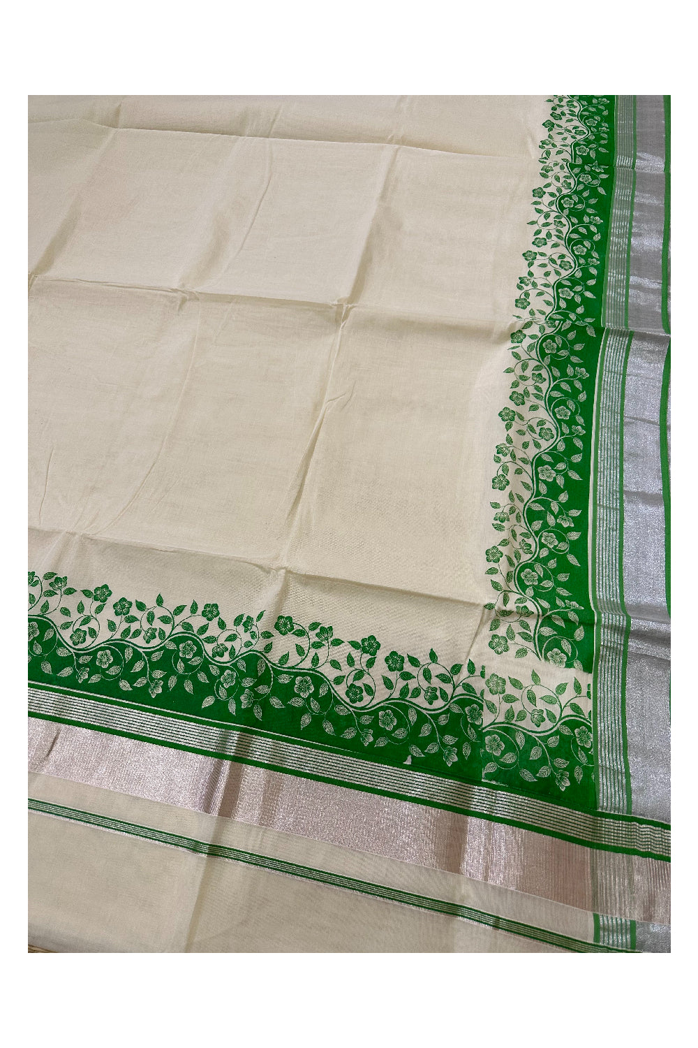 Kerala Cotton Saree with Light Green Floral Block Prints and Silver Kasavu Border