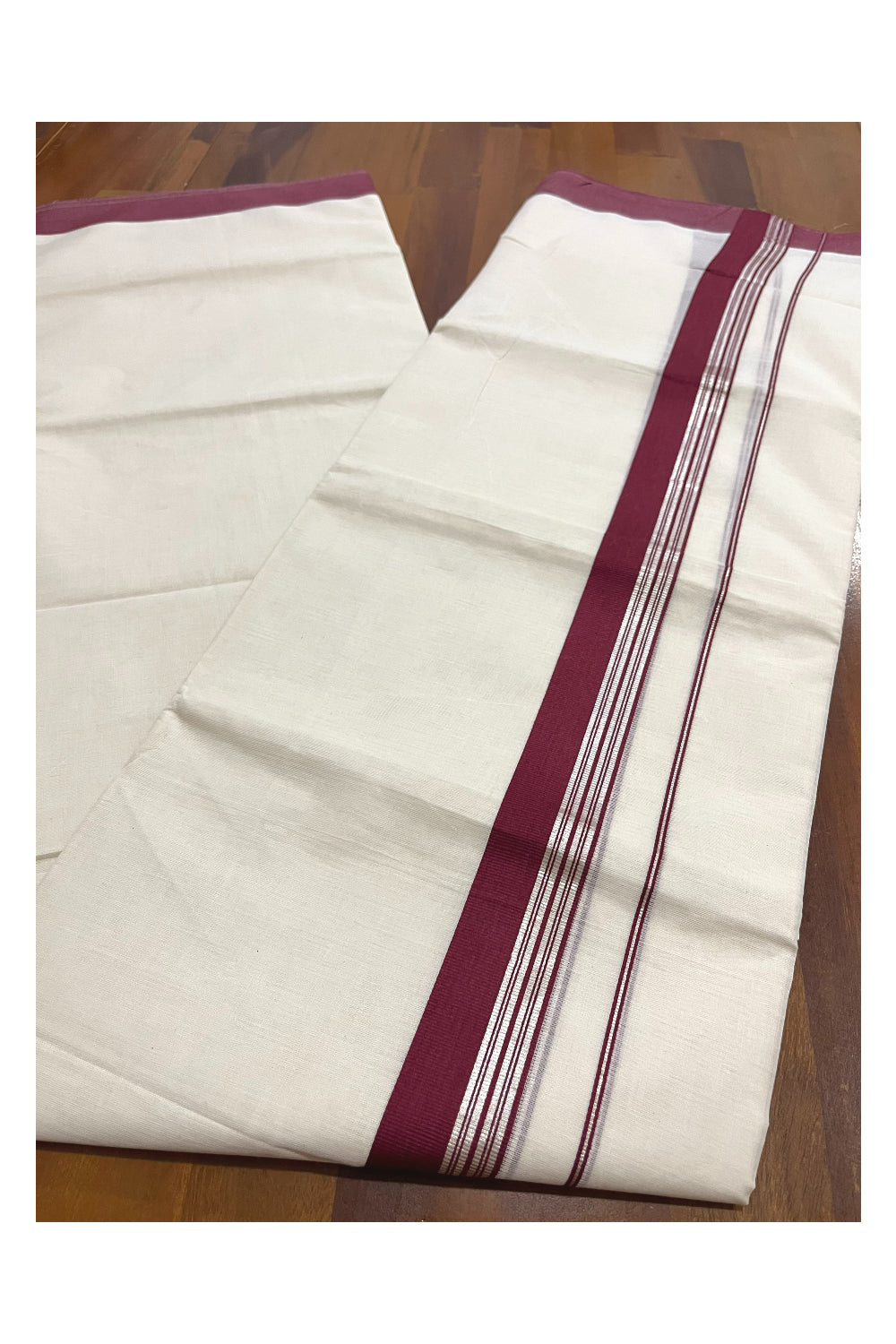 Pure Cotton 100x100 Double Mundu with Silver Kasavu and Maroon Border (Onam Mundu 2023)